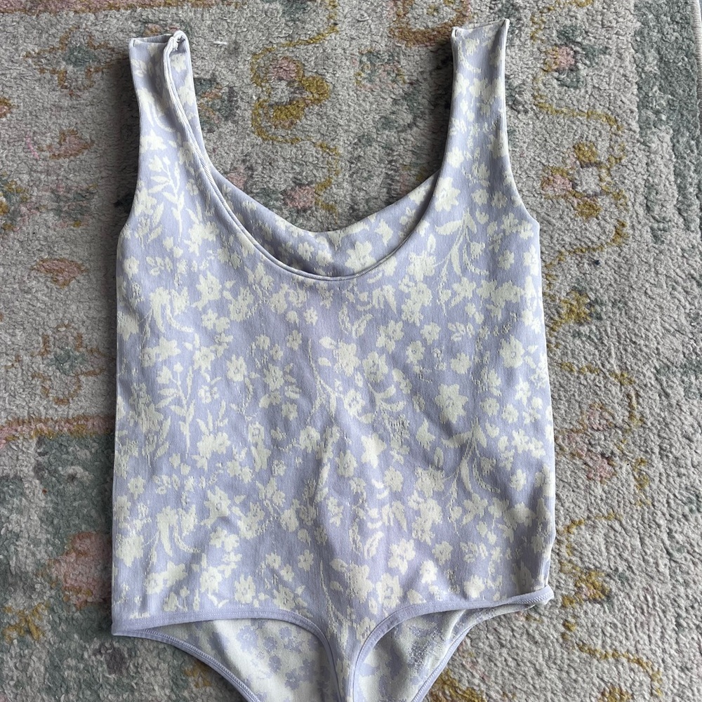 Free People Blue and White Intimates Bodysuit with Scoop Neckline